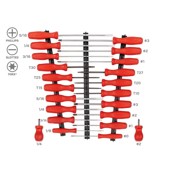 Hard Handle Screwdriver Set with Black Rails, 22-Piece (No. 0-No. 3, 1/8-5/16 in., T10-T30)